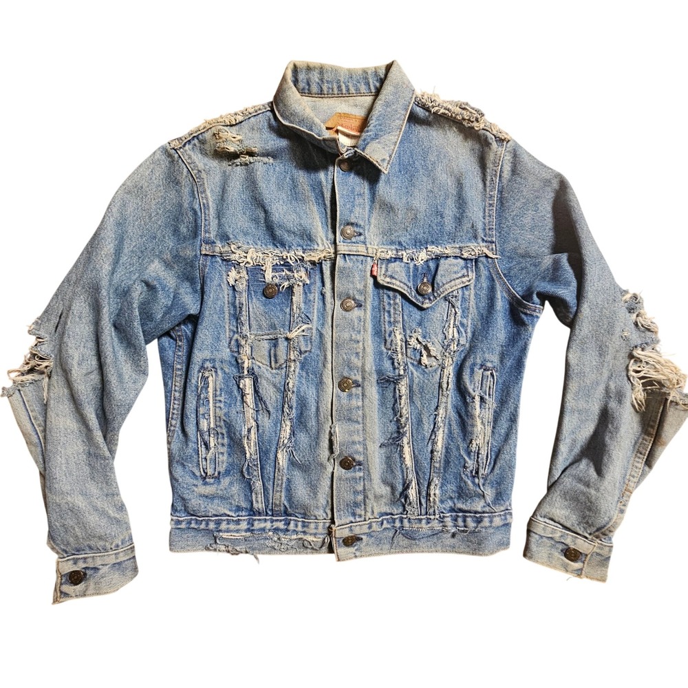 Vintage‎ Levi's Distressed Denim Trucker Jacket Custom SIS Crown Girls 18XL 80s